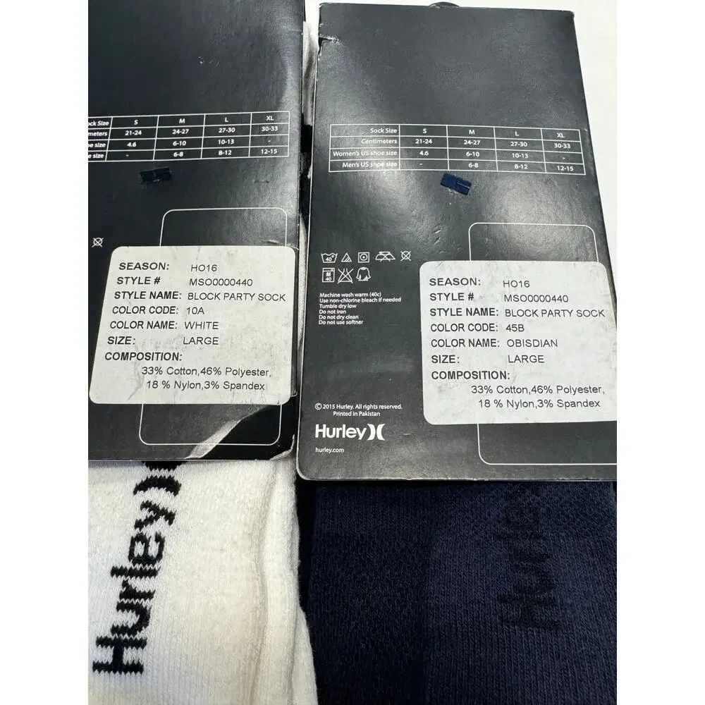 Hurley Block Party Crew Socks‎ 2 Pair Bundle White Obsidian Navy Mens Large 8-12